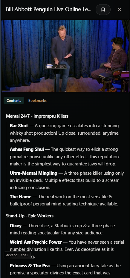 The same library on a phone, playing a Penguin LIVE lecture with its contents listed underneath.